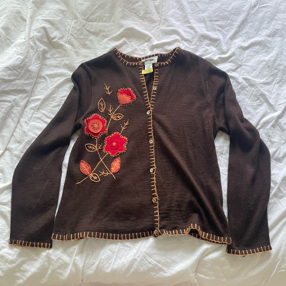 Vintage Bob Mackie Studio Brown Floral Embroidered Cardigan